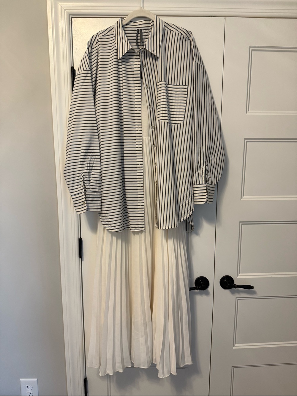 Anthropologie Creme white pleated maxi dress with blue and white shirt
